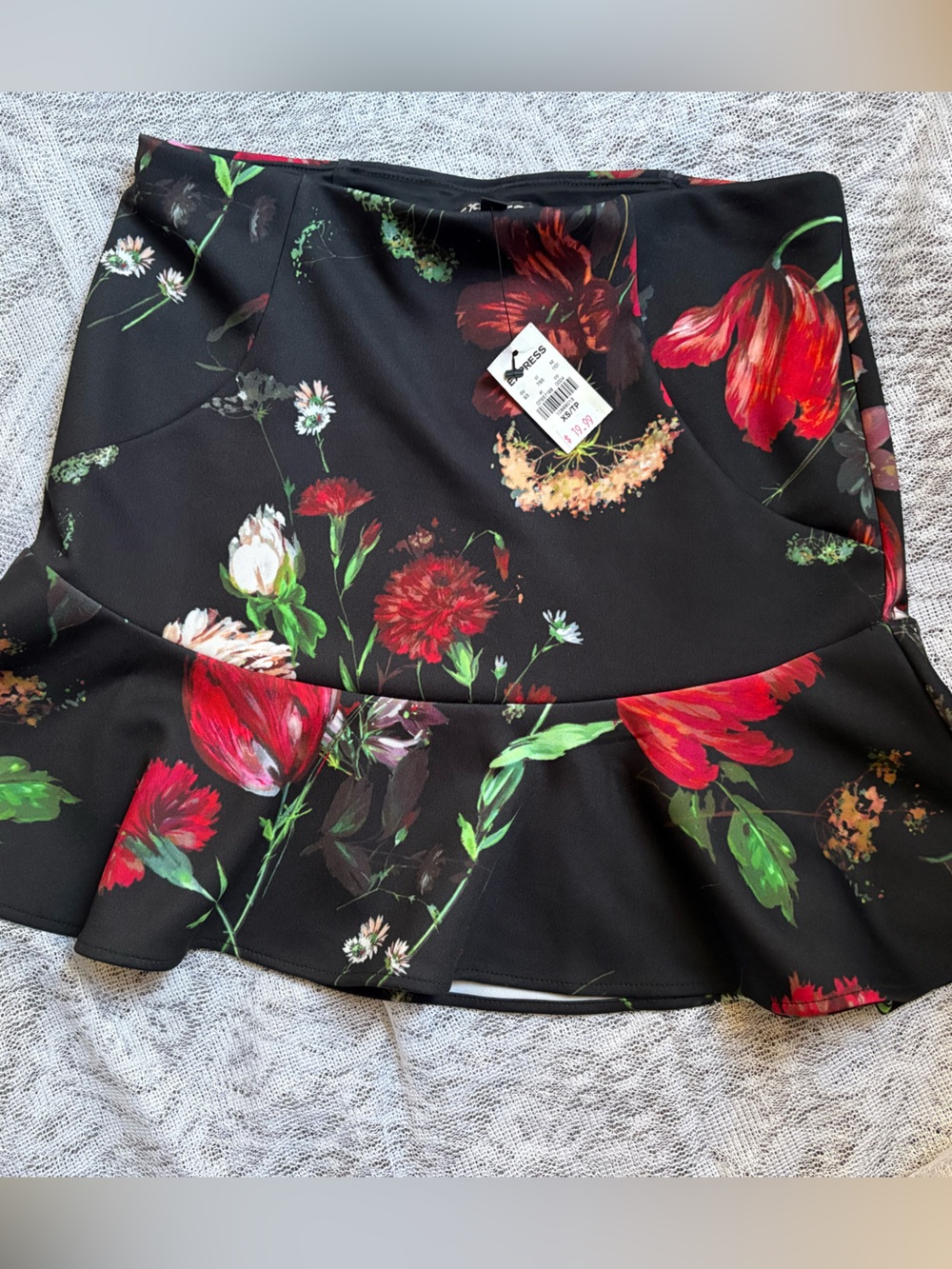 Express Black Skater Skirt with Red & Green Floral Print